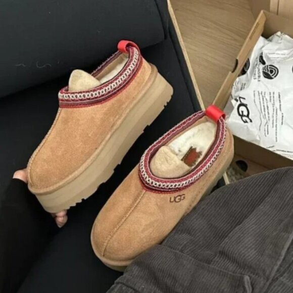 UGG Women's Tan Platform Mules with Red Accents - Picture 8 of 9